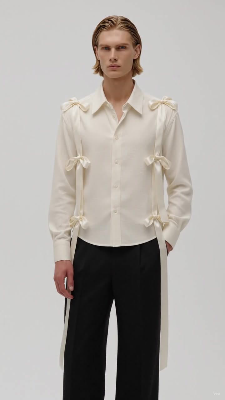 F&S Atelier Ivory Bow Shirt worn by a model